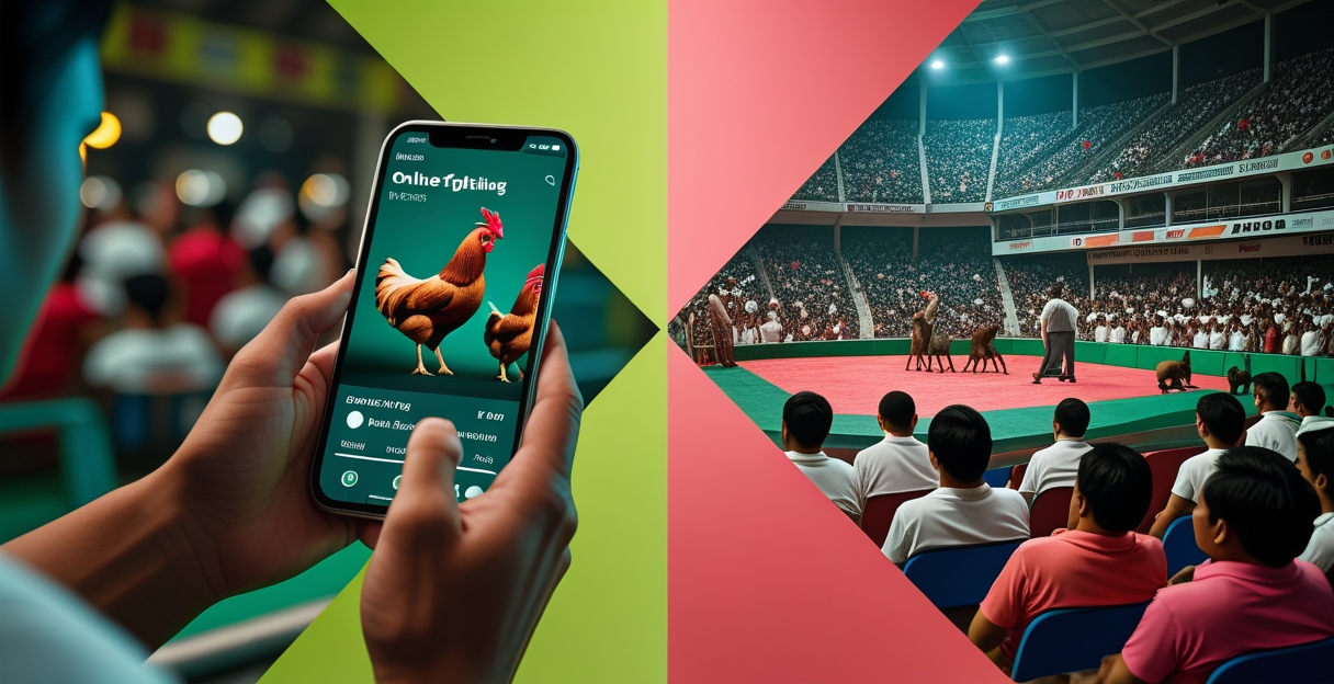 Đá gà online vs thực tế — so sánh màn hình điện thoại xem đá gà online và sân đá gà Philippines